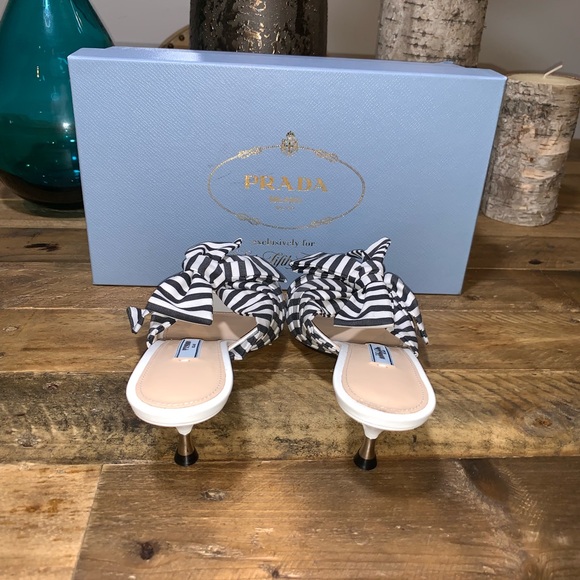 Prada Striped Bow Kitten Heel Sandals - Picture 7 of 8